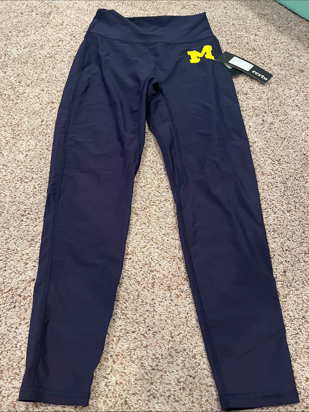 Women's Navy High-Rise Athletic Leggings with Yellow University of Michigan Logo